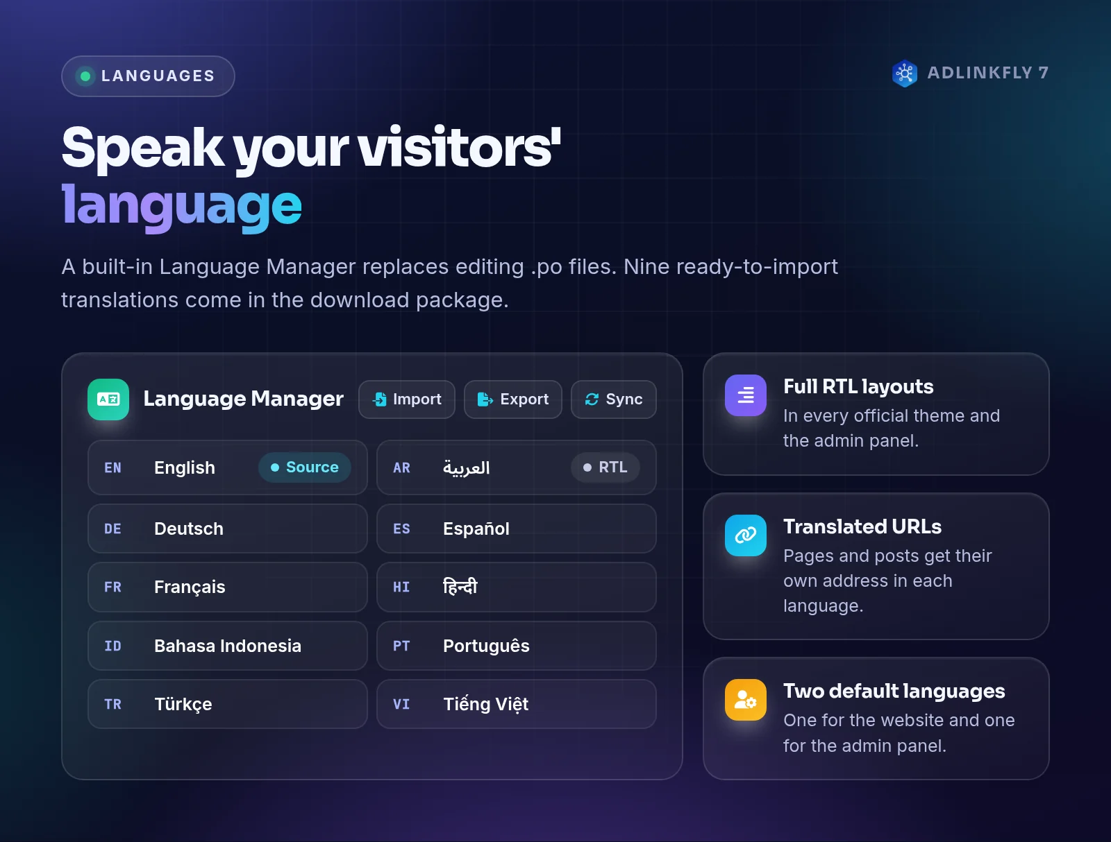 AdLinkFly Language Manager with nine included translations